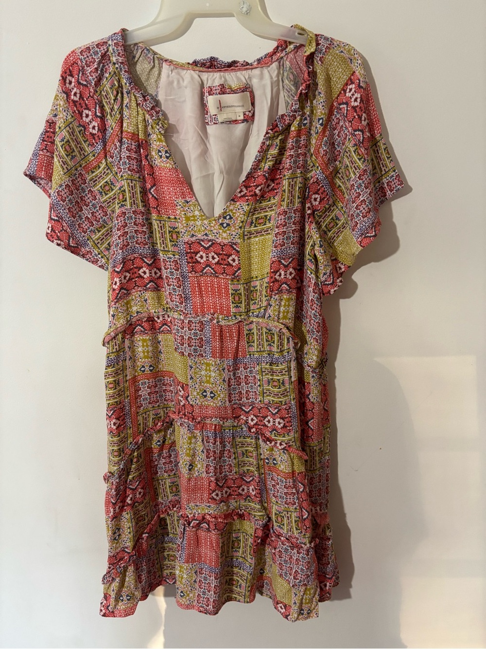 Anthropologie Patchwork Print Robin Tiered Ruffle Mini Dress Size Medium